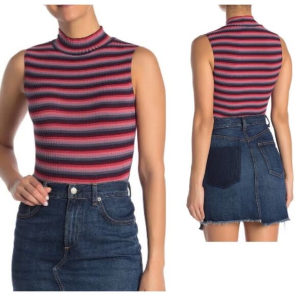 Abound Pink Burgundy Blue Gray Striped Mock Neck Sleeveless Bodysuit L - Picture 1 of 12